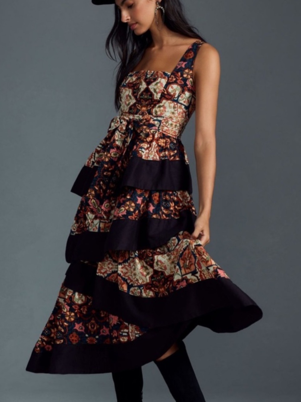 Anthropologie Floral Print Square Neck Tiered Midi Dress Size Small Helena